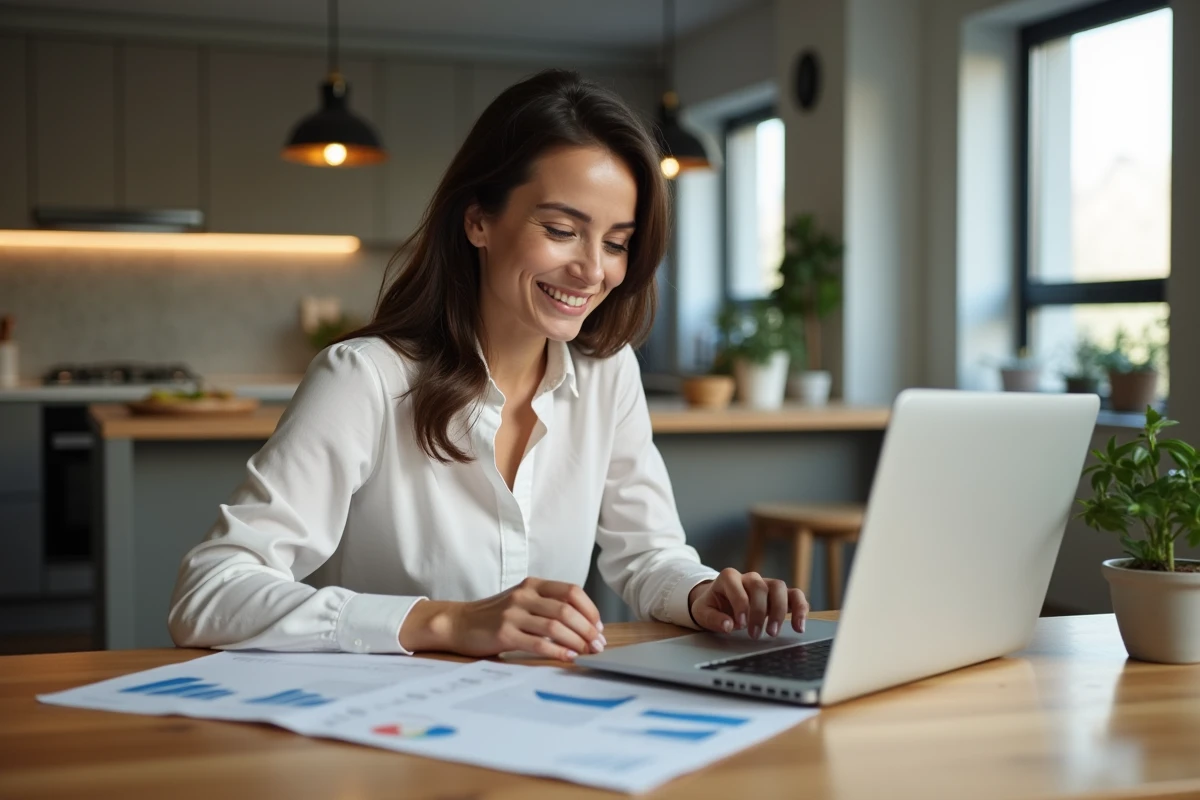 Femme souriante analysant documents de mortgage à la maison