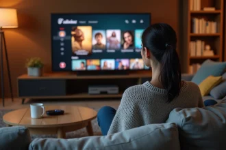 Femme regardant un catalogue de films sur une plateforme de streaming légale depuis son canapé
