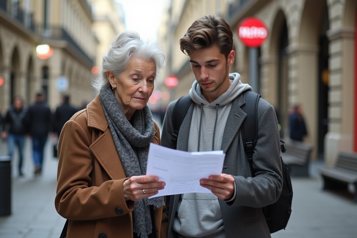 Femme âgée et adolescent examinant une demande de logement dans la rue