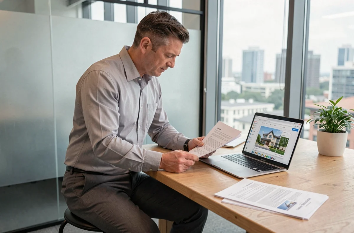Gestionnaire locatif étudiant un contrat de gestion dans une agence immobilière moderne