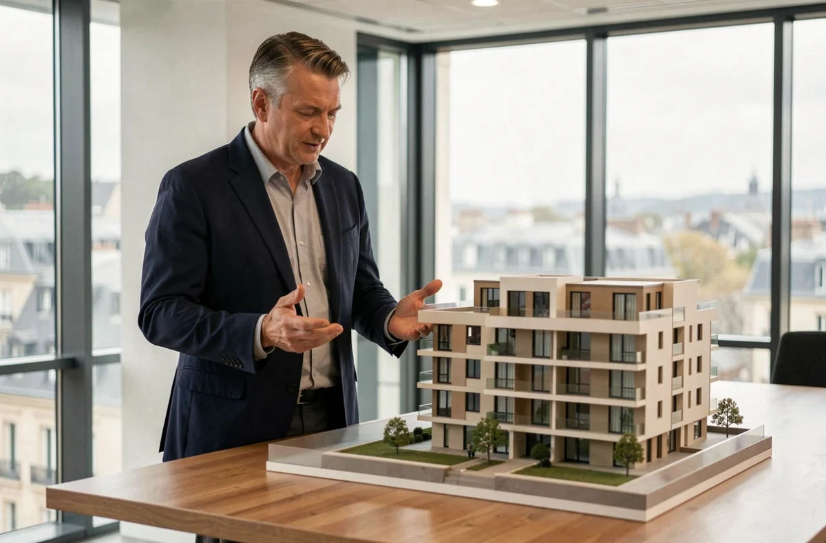 Portrait professionnel d'un promoteur immobilier indépendant en Isère présentant une maquette de résidence, illustrant Gilles Trignat Residences.