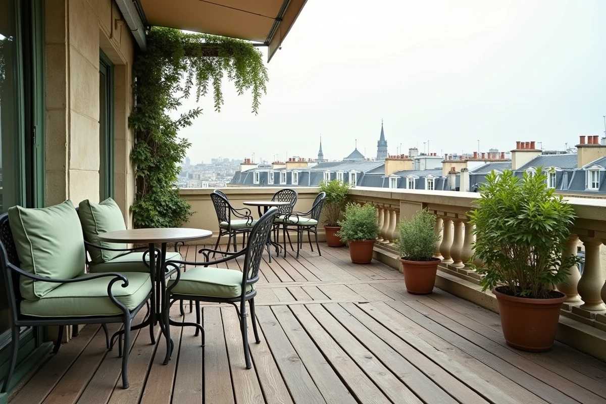 Grande terrasse d'appartement parisien aménagée avec mobilier bistrot et vue panoramique sur les toits haussmanniens