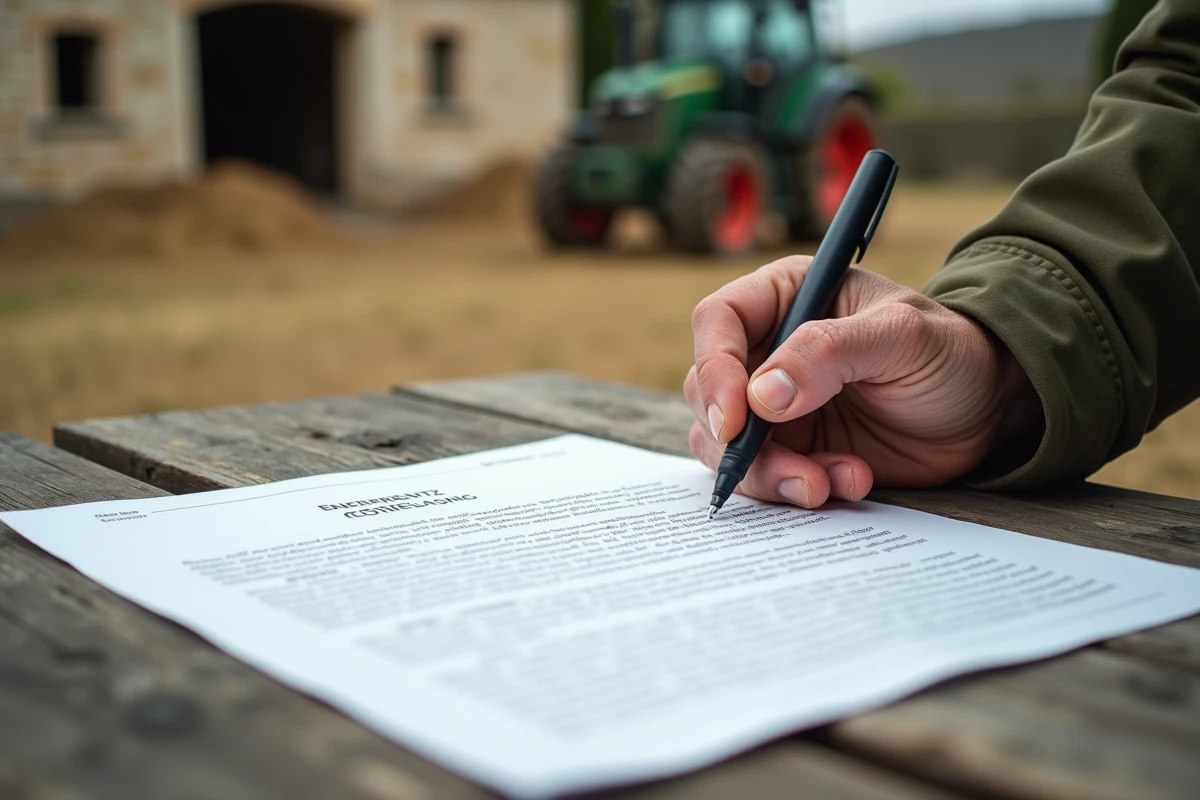 Gros plan sur un contrat de bail rural avec la main d'un agriculteur pointant une clause importante