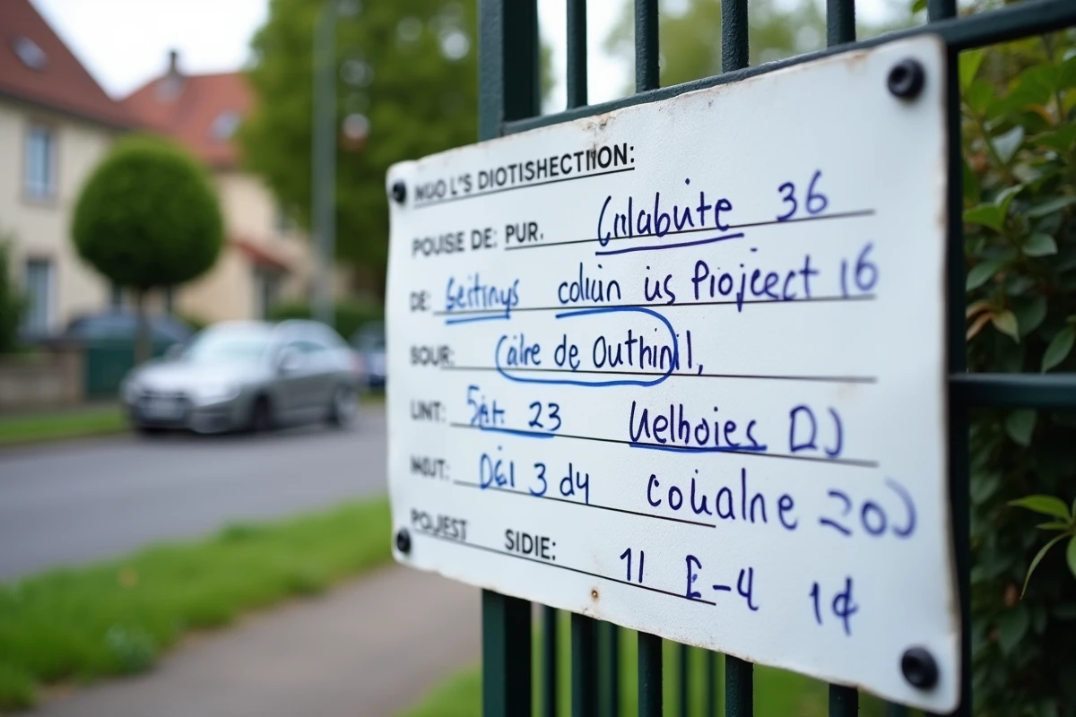 Gros plan sur un panneau de permis de construire rempli à la main et installé devant une maison