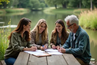 Quatre adultes souriants autour d'une table au bord du plan d'eau
