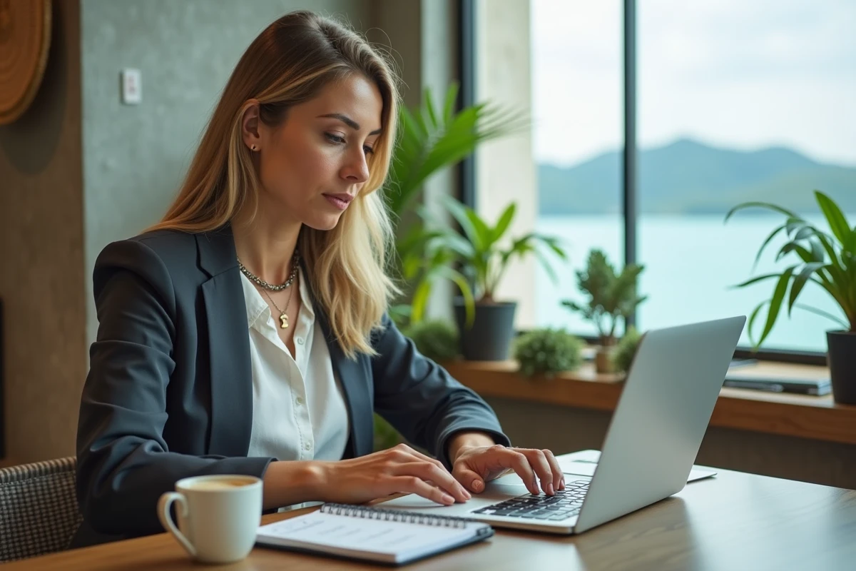 Femme francophone consultant un guide fiscal et visa pour l'achat immobilier en Thaïlande sur son ordinateur portable dans un espace de coworking à Phuket
