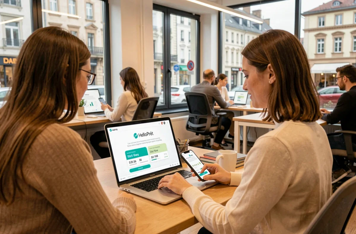 Femme utilisant le service de courtage en ligne HelloPrêt sur ordinateur et smartphone depuis un espace de coworking en Moselle