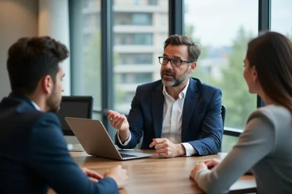 Homme d'affaires en costume bleu avec couple dans un bureau moderne