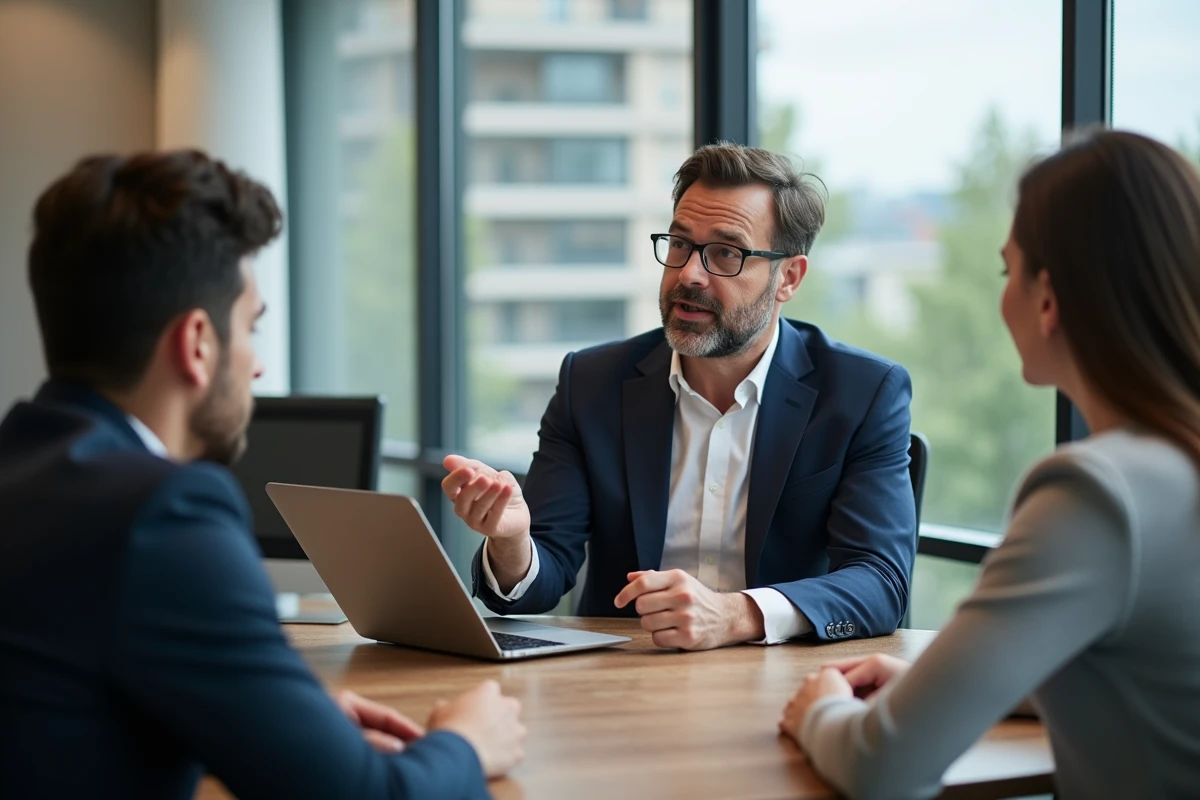 Homme d'affaires en costume bleu avec couple dans un bureau moderne