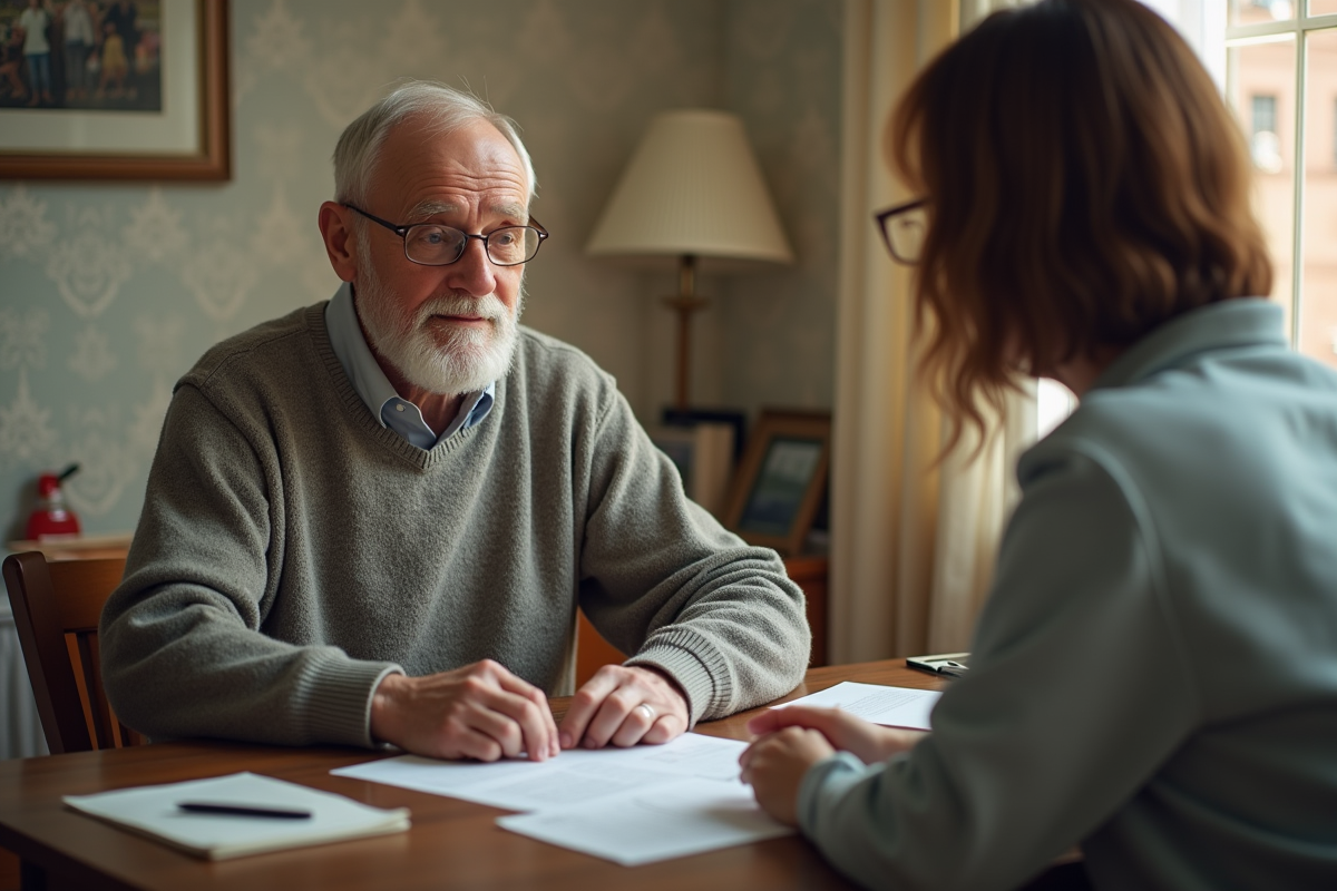 Homme et travailleur social dans un salon lumineux