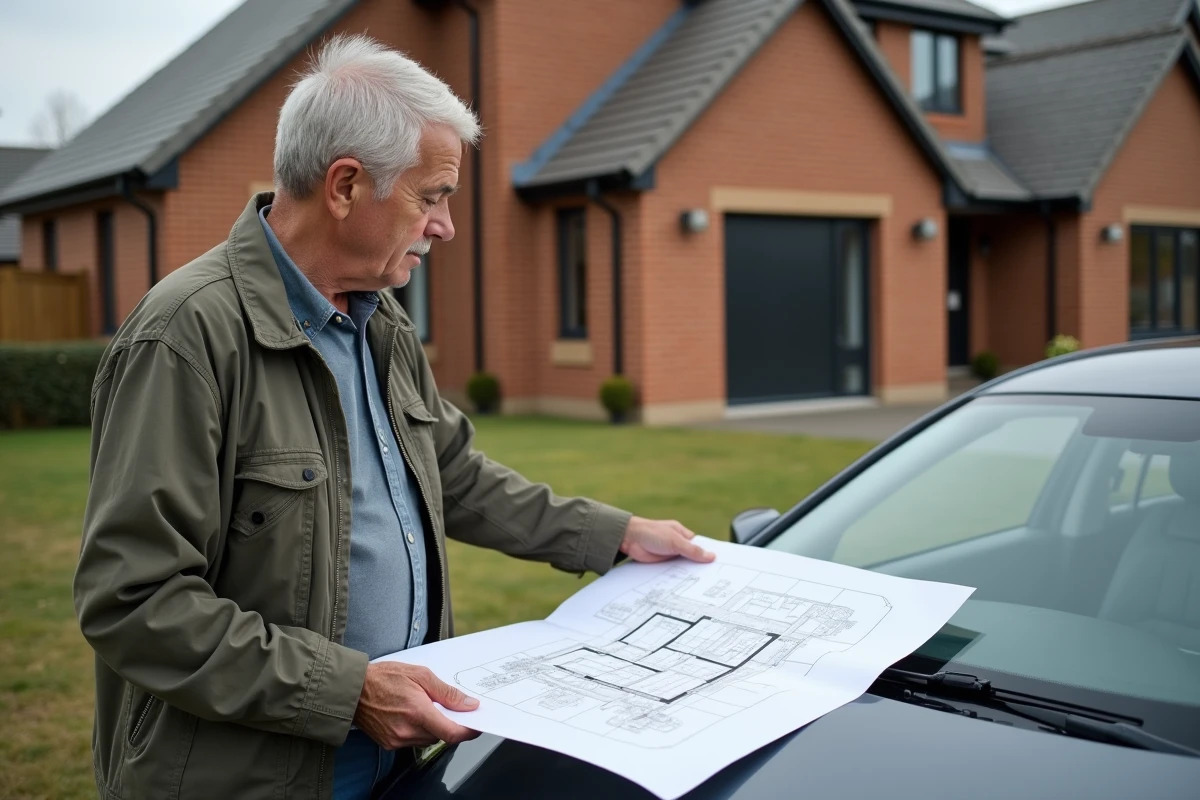 Homme pointant un plan architectural devant une maison neuve