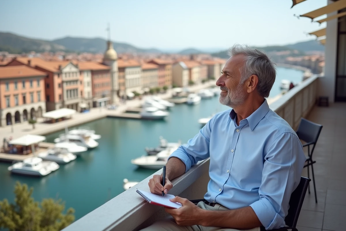 Homme assis sur un balcon avec vue sur le port de mille
