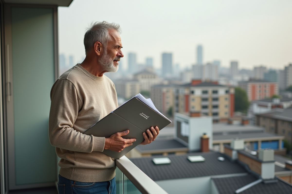 Homme regardant la ville depuis un balcon urbain