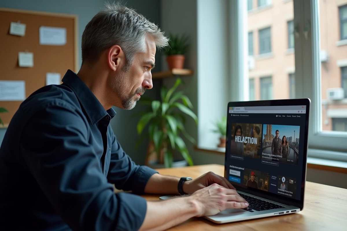 Homme comparant une plateforme légale et un site pirate de films sur son ordinateur portable