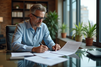 Homme d'âge moyen examinant un contrat de location dans un appartement