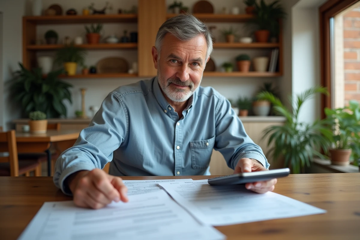 Homme d age moyen examine un contrat immobilier chez lui