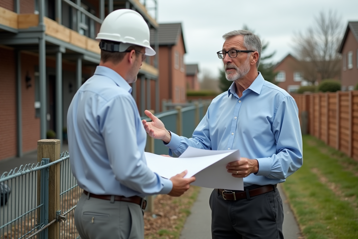 Homme discutant avec un entrepreneur devant un chantier de maison