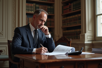 Homme d'affaires en costume dans un bureau parisien ancien