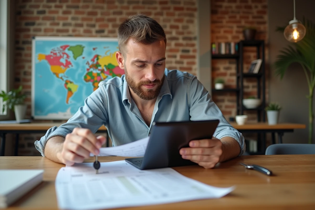 Homme vérifiant plans immobiliers avec tablette