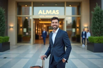 Homme élégant devant l'hôtel près de la tour Almas