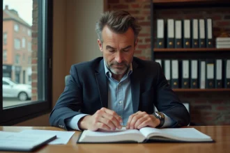 Homme professionnel feuilletant un registre immobilier dans un bureau moderne