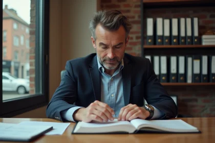 Homme professionnel feuilletant un registre immobilier dans un bureau moderne
