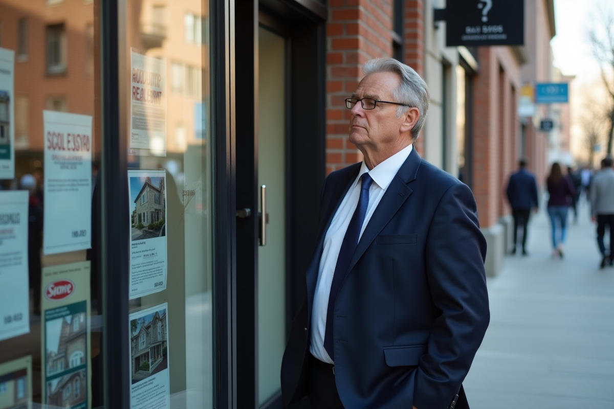 Homme en costume regardant des annonces immobilières dans la rue