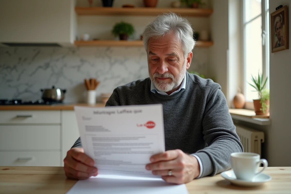 Un homme lisant attentivement une offre de prêt immobilier La Poste à son domicile