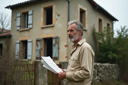 Homme devant une maison abandonnée à vendre en campagne française, tenant une annonce immobilière, évaluant le potentiel de rénovation