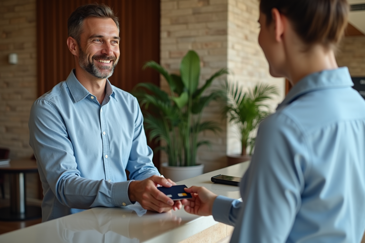 Homme remettant sa carte bancaire à la réception d