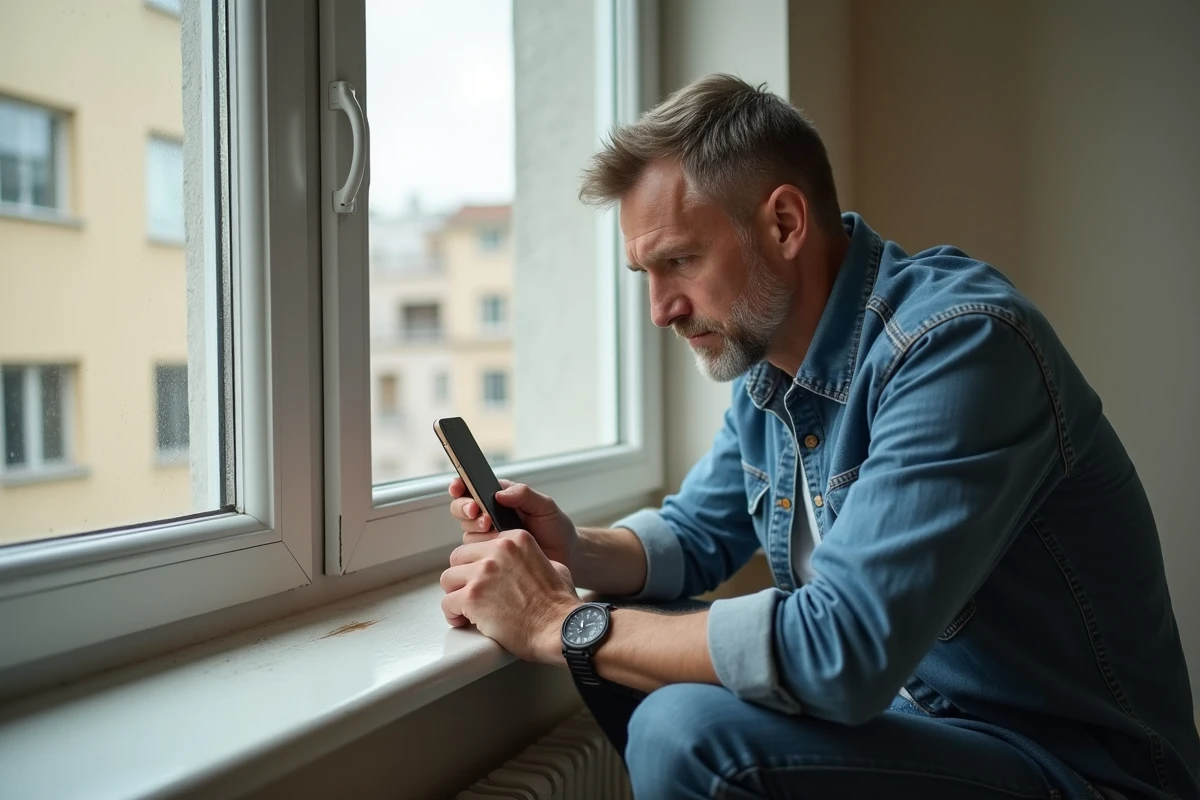 Homme documentant une rayure sur le rebord de fenêtre dans un appartement vide