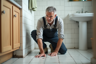 Homme en salopette examine dégâts d'eau dans la salle de bain