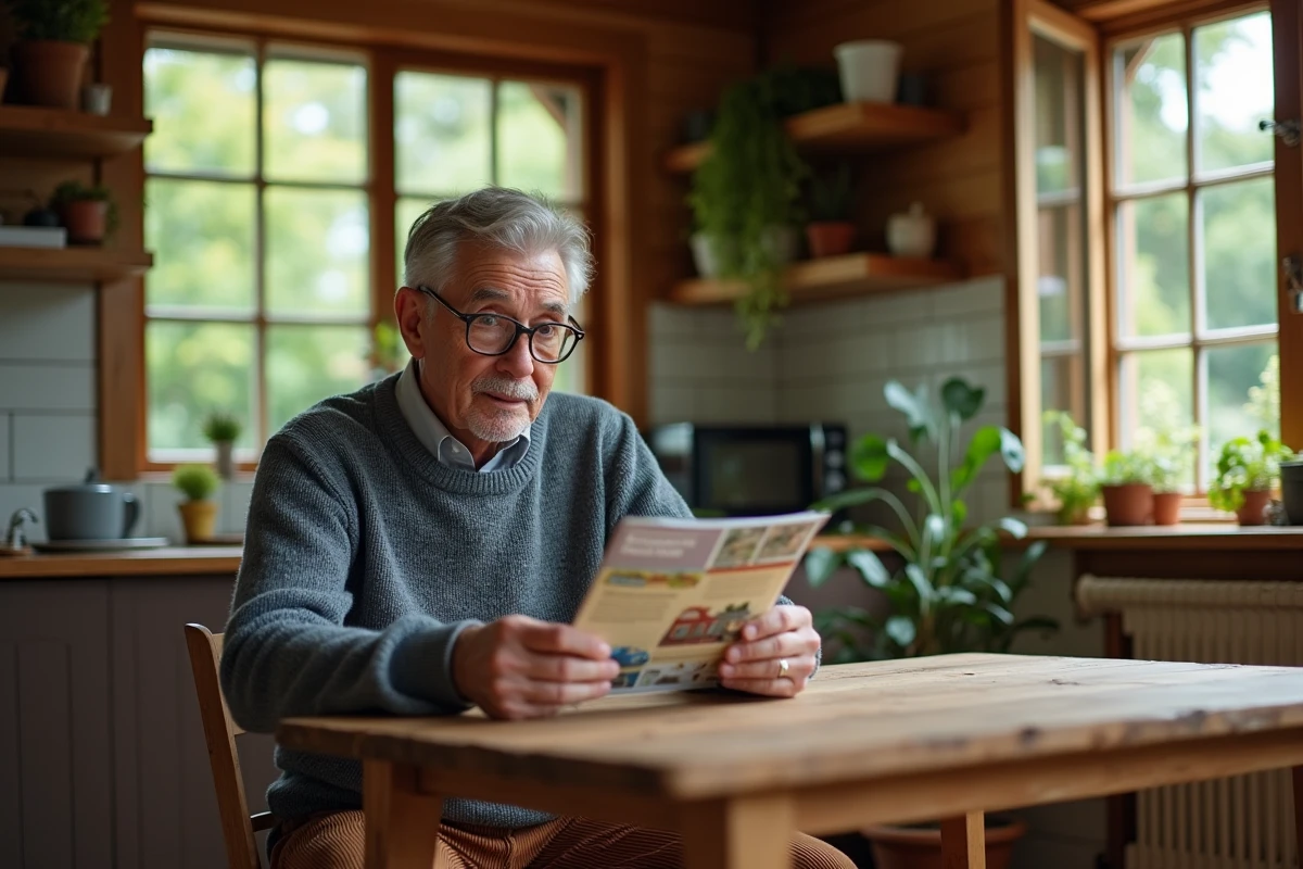 Homme âgé lisant une brochure dans une cuisine rustique