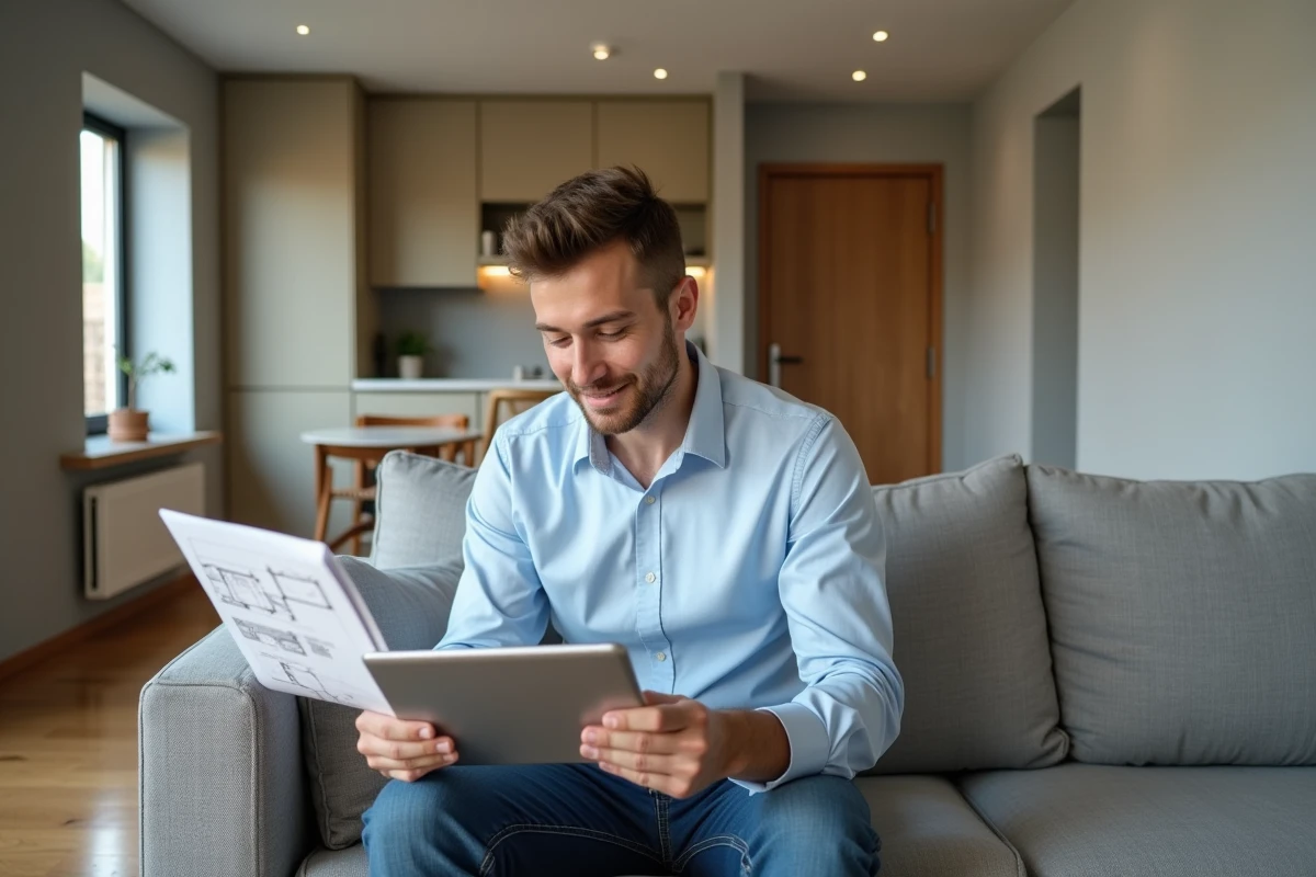 Jeune homme consulte des plans dans un appartement rénové