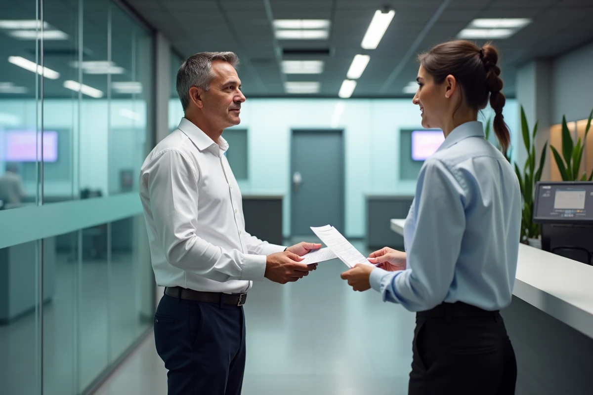 Homme remettant des papiers à un agent dans un bureau moderne
