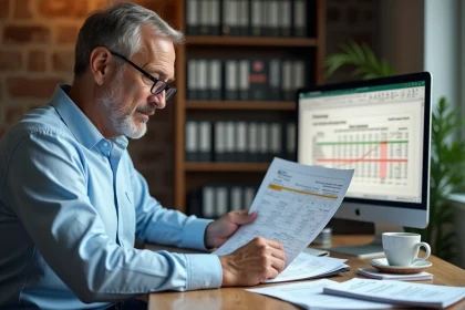 Homme analysant un simulateur viager sur Excel avec des tableaux financiers imprimés dans un bureau à domicile
