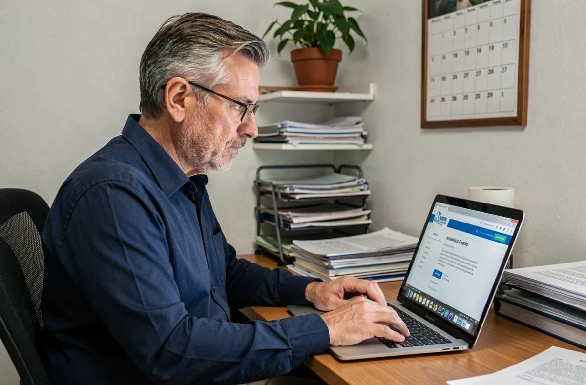 Homme consultant le site de la CAF sur un ordinateur portable pour vérifier ses droits aux aides au logement