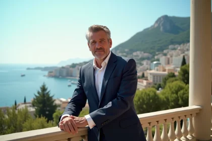 Homme en costume sur un balcon avec vue sur Monte Carlo