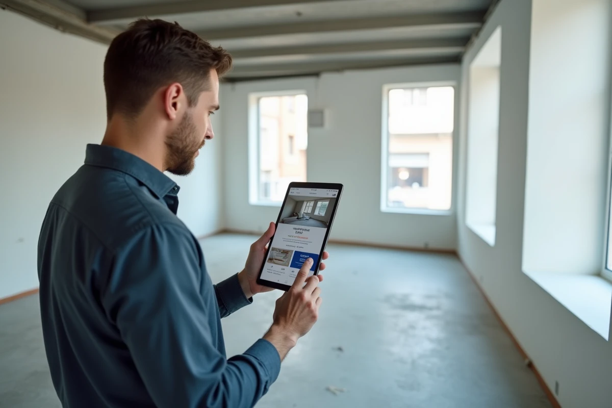 Homme consultant un devis de visite virtuelle 360 sur tablette dans un appartement vide à rénover