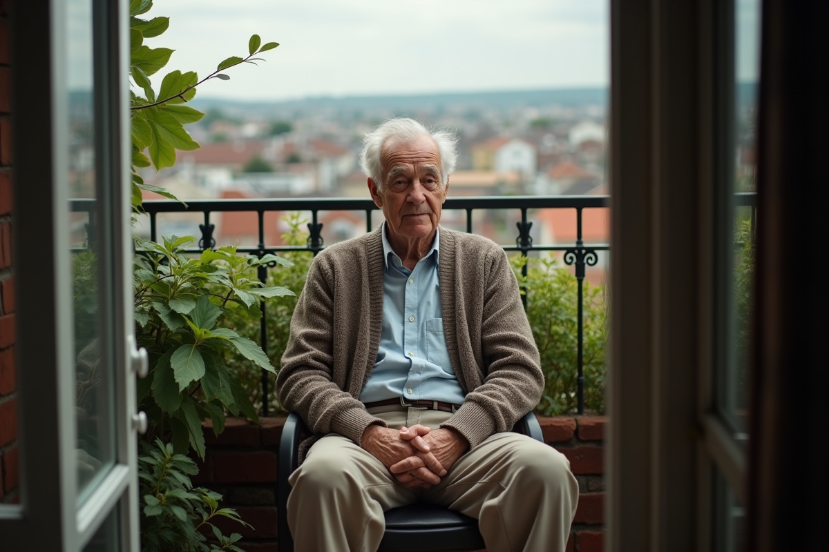 Homme âgé assis sur un balcon avec des plantes vertes
