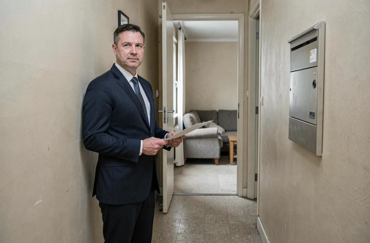 Huissier de justice tenant une convocation officielle devant la porte d'un appartement modeste pour saisie sur salaire