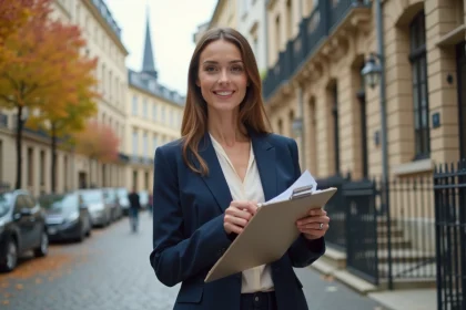 Agent immobilier devant des façades en pierre de Metz illustrant le choix d'un quartier selon le budget