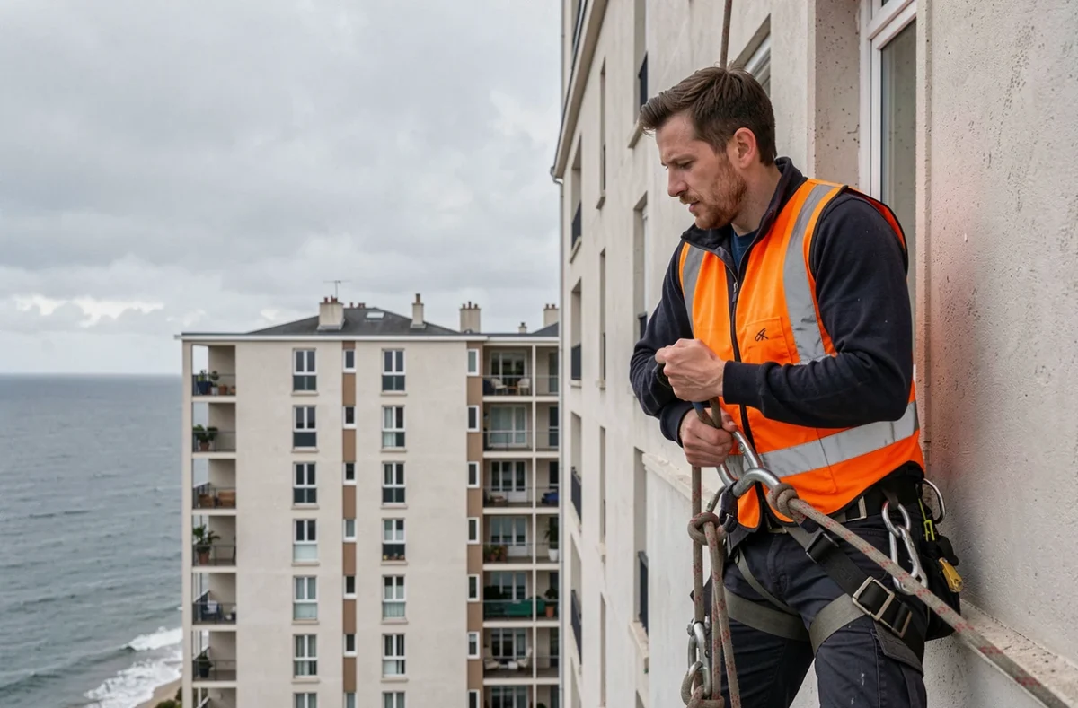 Technicien de Ino-rope en accès par corde sur la façade d'un immeuble breton