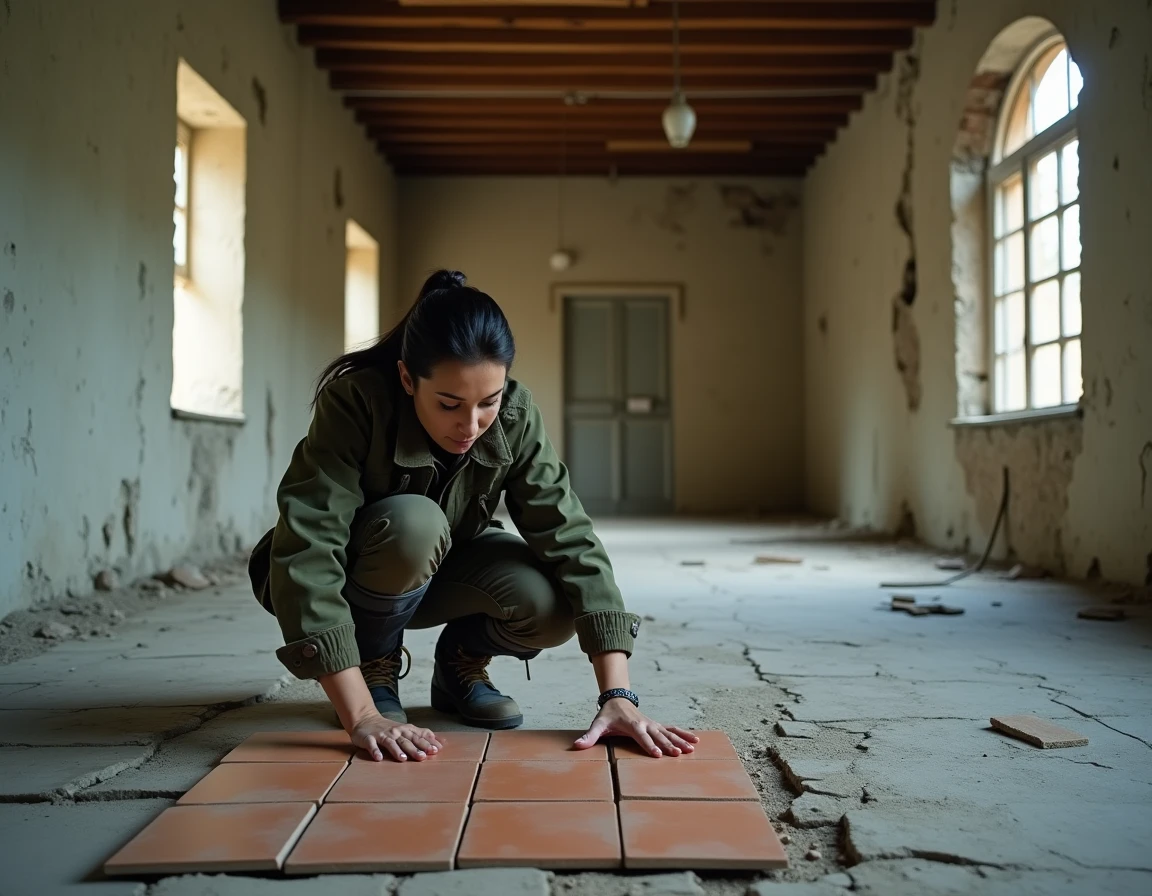 Femme inspectant l'intérieur délabré d'une maison abandonnée, évaluant les travaux de rénovation pour une plus-value immobilière