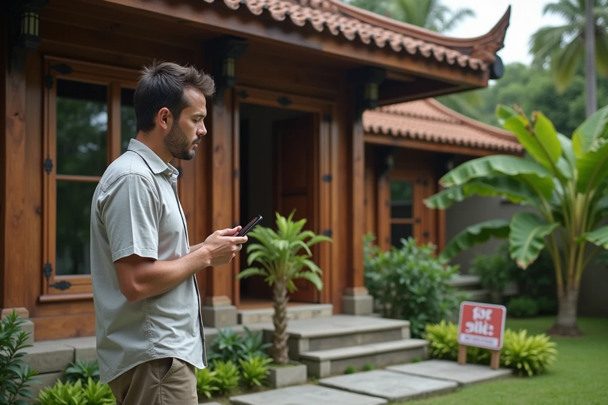 Homme francophone inspectant une villa thaïlandaise traditionnelle en vente à Chiang Mai, tenant un smartphone avec une annonce immobilière