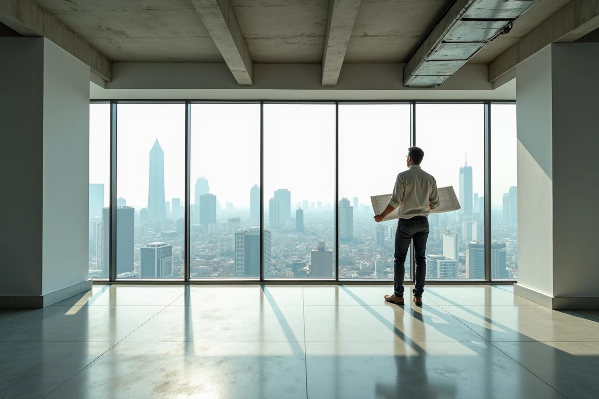 Intérieur vide d'un condominium moderne à Bangkok avec vue panoramique sur la ville et sol en béton poli