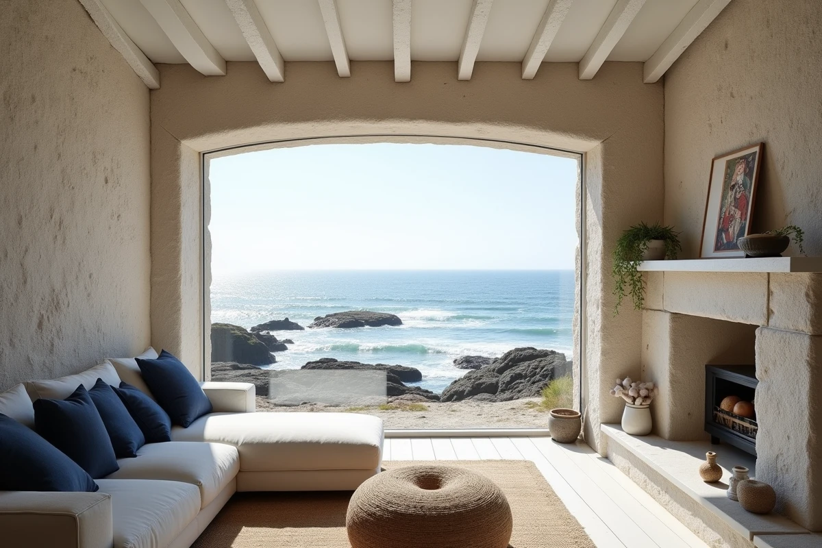 Intérieur d'une maison bretonne rénovée avec vue panoramique sur l'océan en Finistère
