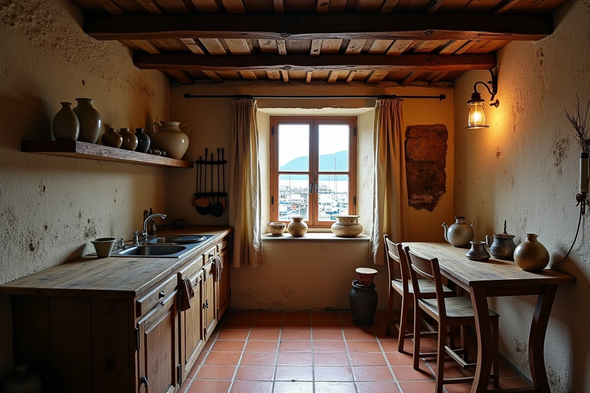 Intérieur authentique d'une petite maison de pêcheur avec poutres apparentes, tomettes et vue sur le port par la fenêtre