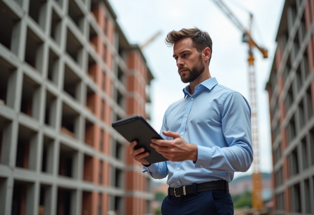 Jeune architecte examinant des documents sur une tablette sur un chantier