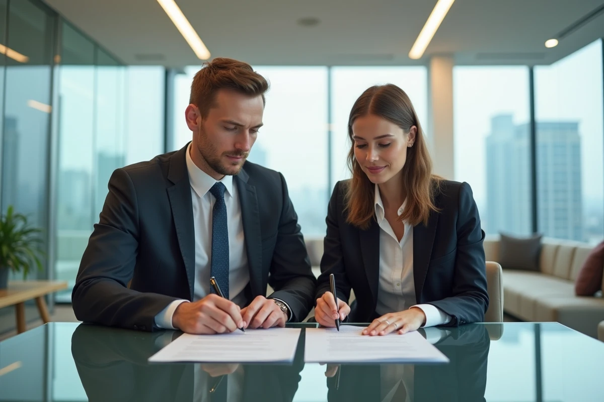 Jeune couple examinant un contrat de location au bureau immobilier